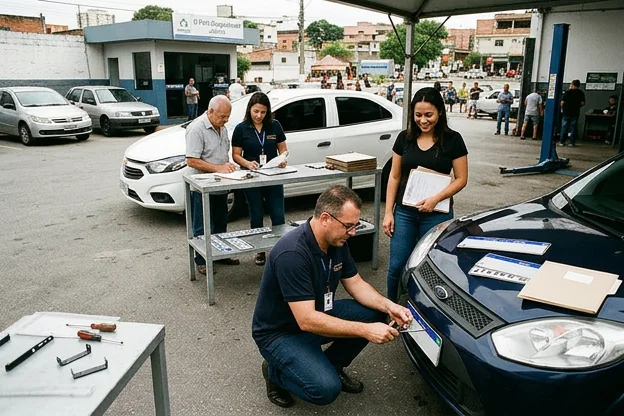 Profissionais ajudando no emplacamento de veículos em Jandira.